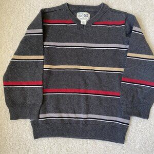 An Est. 1989 Place striped sweater in gray/white/red/black/tan colors